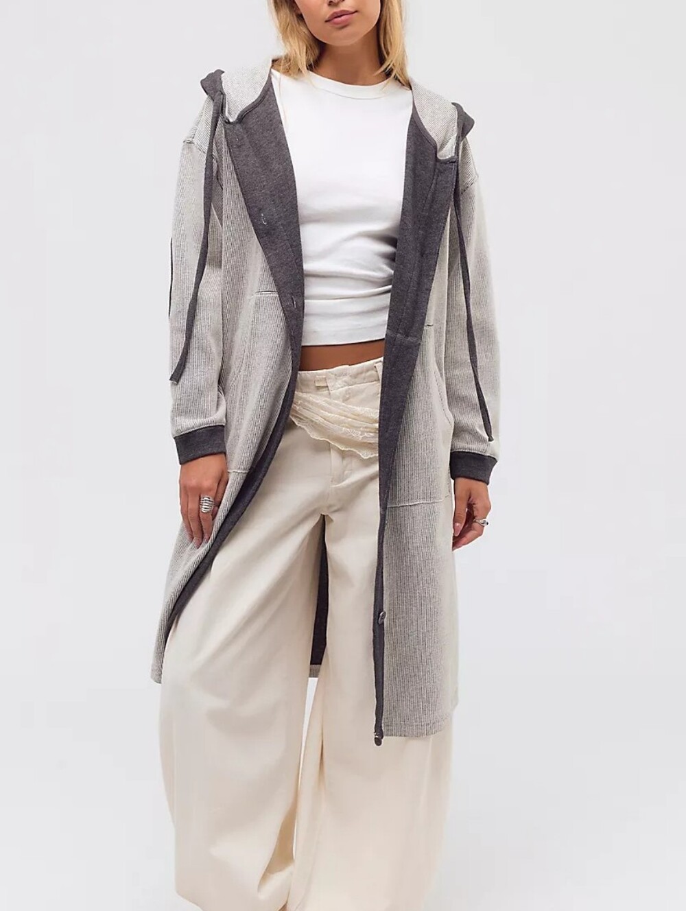 Free People Tomorrows Sweatshirt Long Hooded Cardigan in Gray with Charcoal Trim